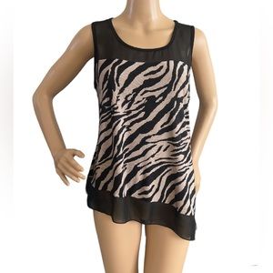 Roz & Ali Asymmetric Leopard Print Top Simi Sheer